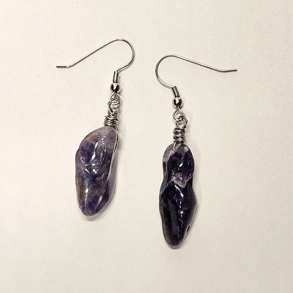 Wire Wrapped Tumbled Purple Amethyst Earrings